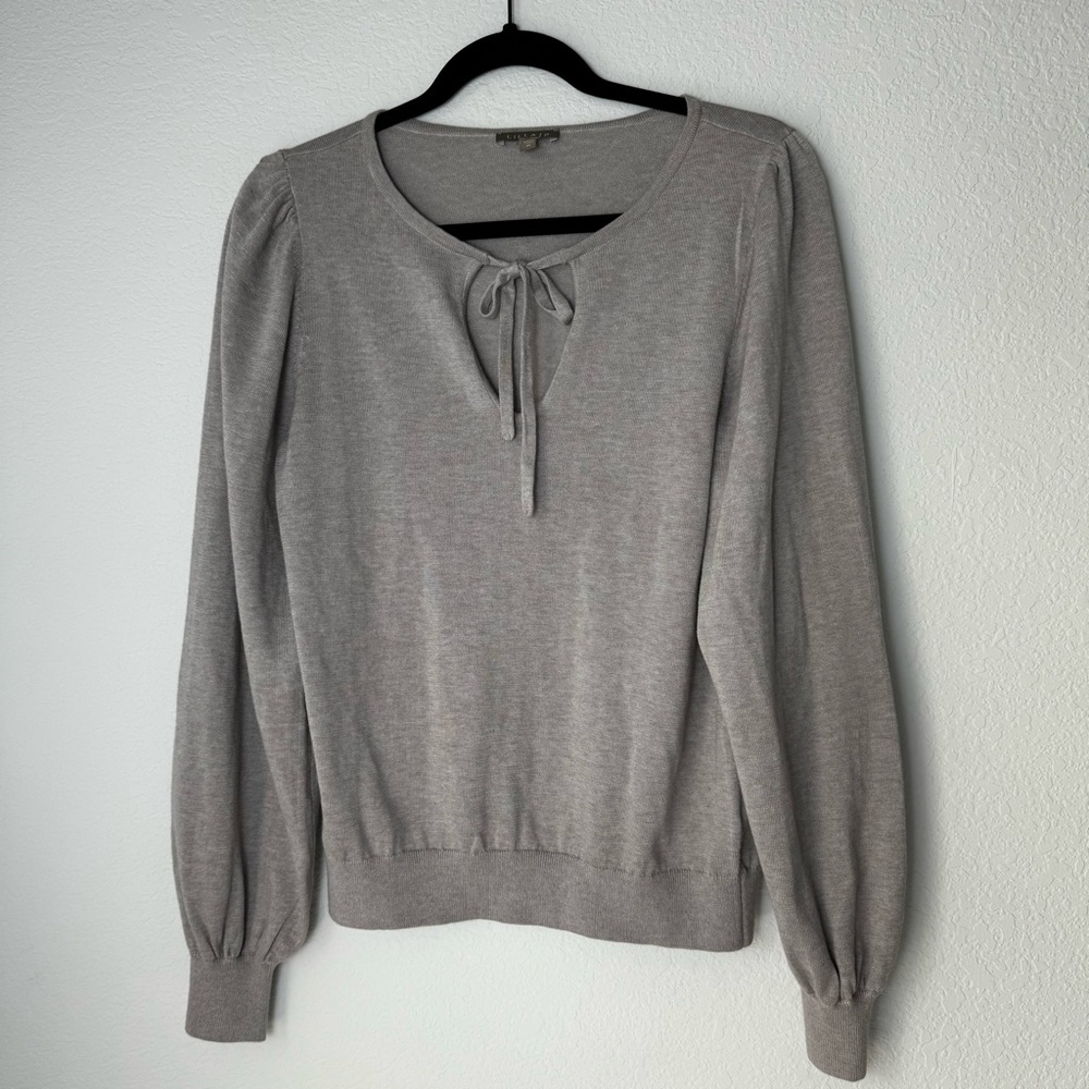 Lilla P Women's Feminine Tie Front Long Puff Sleeve Gray Sweater in Size Medium